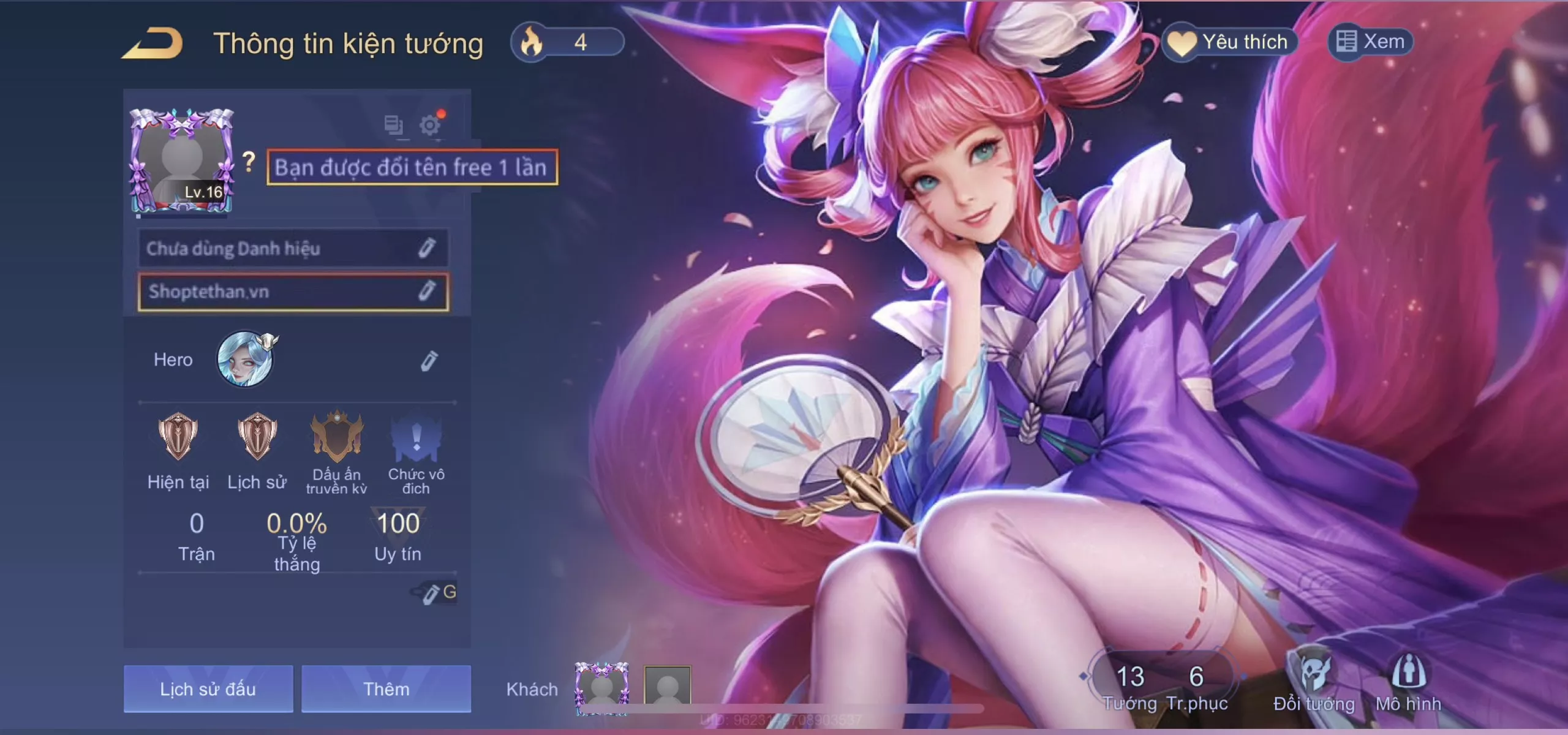 Acc reg Liliana tiểu thơ anh đào(Kimono), free đổi tên, chưa mua tướng, trắng thông tin